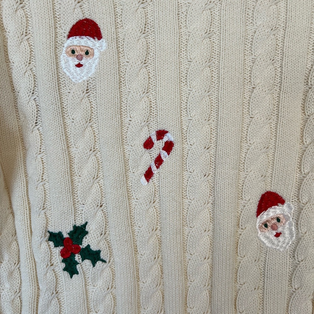 Kiel James Patrick Cream Cable Knit Holiday Sweater with Santa & Holly - Picture 3 of 5